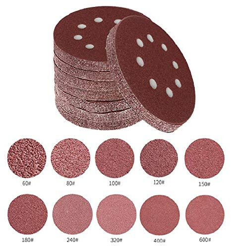100 Stück 12,7 cm mit 8 Löchern Staubfreie Klettband Zirkular Schleifscheiben Schleifpapier sortiert von 60 bis 600 Körnungen