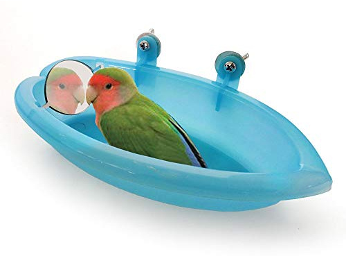 Amasawa Bagno Uccelli con Specchio,Piccola Vasca da Bagno per Uccelli, Vasca da Bagno Pappagallo Vasca da Bagno per Uccelli Bird Bath Box per Doccia plastica con Gancio (Blu)