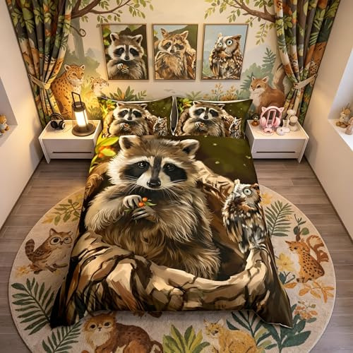 Loussiesd Raccoon Duvet Cover Cute Animal Theme Bedding Owl Pattern Comforter Cover for Boys Girls Kids Room Decor Wildlife Style Bedspread Cover Nature King Size With 2 Pillow Case