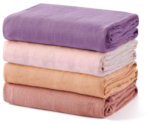 momcozy Mussole Neonato, Copertine in Mussola 120x120, 4 Pezzi Copertina Neonato Cotone di Bambù Morbida e Delicata sulla Pelle Essenziali per Neonati，Lavanda