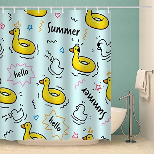 100% Polyester Süße Ente Duschvorhang 240x200 Anti-Schimmel Textil Waschbar Wasserdicht Lang Duschvorhänge Hand Gezeichneter Sommer Shower Curtain mit 12 Hooks für Badezimmer Badewanne Badvorhang