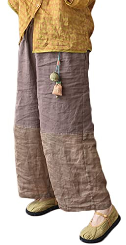 NFYM Pantalon court en lin à jambes larges pour femme - Patchwork - Taille élastique - Décontracté - Protection solaire - Pantalon ample et fin, café, Taille Unique