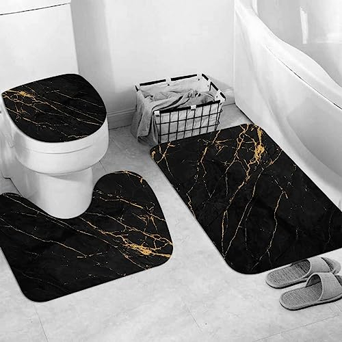 EKSED Badteppich 3 Stück Weiche saugfähige Badematten,Schwarz-Gold-Marmor-Design-Kunstwerk,rutschfeste Badematte Teppiche & Toilettendeckelabdeckung Set Waschbar