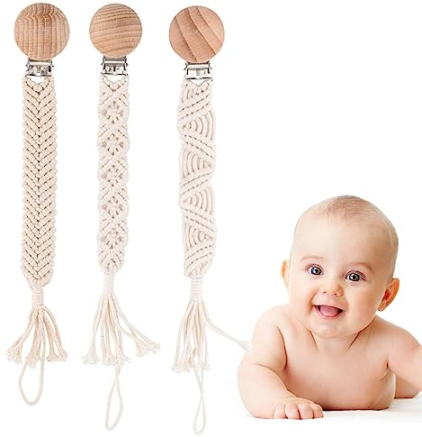 IOSPKKIO® 3 Stück Schnullerclip für Jungen und Mädchen, Schnullerhalter, mit Holzklammern, Handgefertigt, Geflochtene Baumwolle, Babyparty, Geburtstagsgeschenk(Beige)