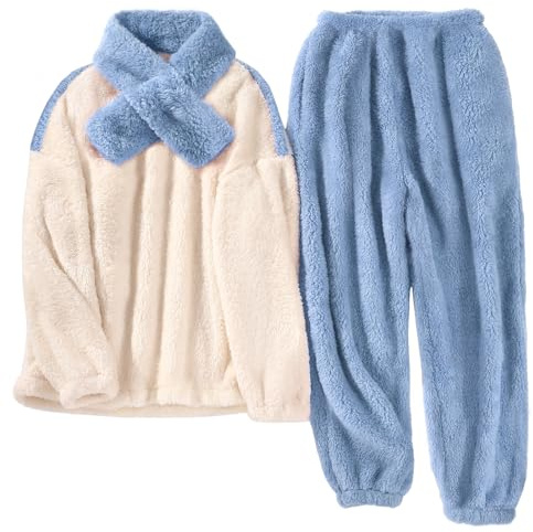 Tuopuda Pigiama Donna Invernale Pigiami Due Pezzi, Pigiama Pile da Casa con Sciarpe Tasche Felpa Manica Lunga e Pantalone Lungo, Indumenti da Notte Sleepwear, Blu, XXL