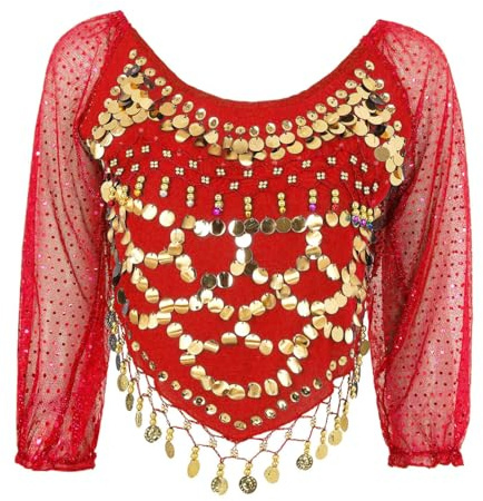 Kaerm Magdans kostym damer topp paljetter tofs dans topp chiffong ärmar kort crop skjorta knut med mynt och pärlor Belly Dance outfit