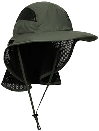 Unisex Gorra de Safari con Extra Largo Protector de Nuca 12cm Gran Borde para Actividades al Aire Libre Sol Protección UV - Verde Militar
