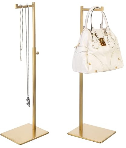 OLegei 2pcs Présentoir de sac à main en métal réglable hauteur 34-67CM support de sac présentoir de collier pour magasin, maison (type 2, doré)