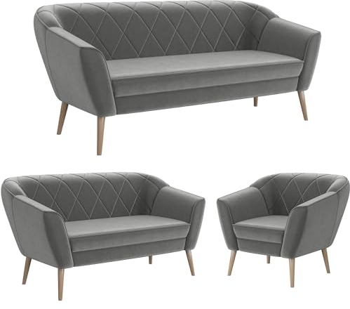MEBLINI Mini Sofa Set 3-2-1 für Wohnzimmer - Mini Lounge für sechs Personen - Küchensofa - Sofa Klein - Sitzgarnitur - Polstergarnitur - Sofagarnituren - Gisela - 3+2+1 - Hellgrau Samt