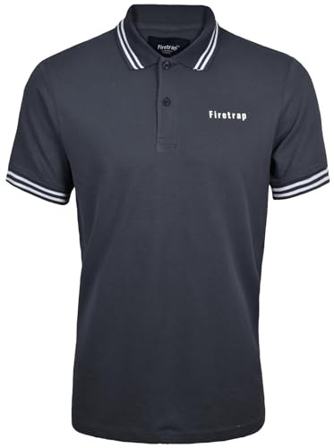 Firetrap Mens Polo Shirt Cotton Polos Tshirt Short Sleeve Summer Ribbed Tipping Collar Tshirts Top Charcoal L