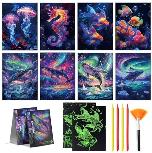 13pcs Rainbow scratch Cards, Whales Sea Animals Glow in The Dark Scratch Art Cards with Tools, Creative Gift for Adults and Kids (Style-01)