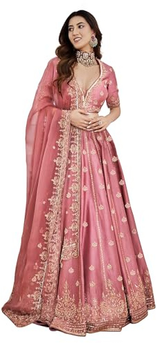 TRENDMALLS Women 's Satin Embroidery Sequence Work Lehenga Choli Set with Dupatta For Women Ready to wear (L257-DarkPeach-L)
