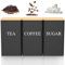 3Pcs Tea Coffee Sugar Canisters Black 1000 ML Metal Teas and Coffee Canisters Set with Airtight Bamboo Lid and Name Marker Square Canisters Sets for Kitchen Counter Storage
