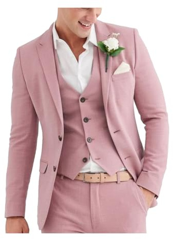 Ensemble de costume décontracté 3 pièces en lin pour homme avec veste et pantalon à deux boutons pour bal de fin d'année, mariage, dîner rose, rose, 62