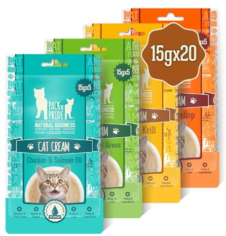PACK’N PRIDE Cat Treats, 20 x 15g (300g Total) Creamy Cat Lick Sticks - 4 Mixed Flavors (Chicken & Salmon Oil, Tuna & Wheat Grass, Chicken & Krill, Tuna & Scallop), Natural Healthy Snack, Grain-free