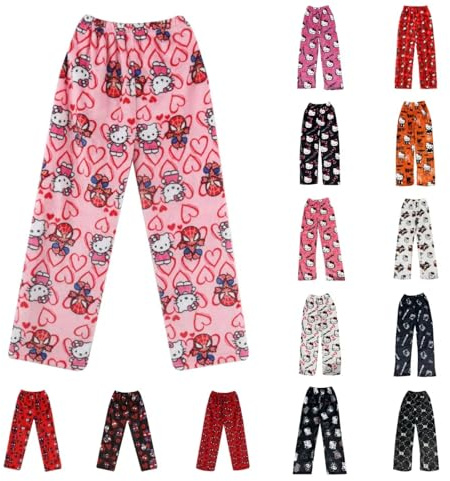 Générique Bas de Pyjama Femme Polaire, Pantalon Pyjama Femme Flanelle Chaud et Doux Confort Imprimé de Cartoon Chat Anime Kawaii Mode Décontracté Vêtements de Nuit Pantalons pour Maison Lounge Cadeau