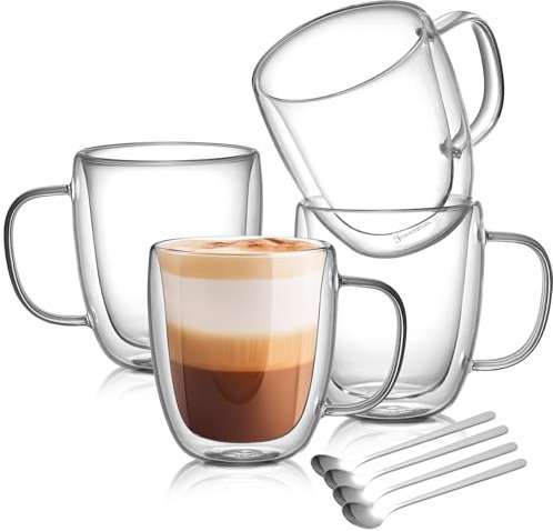 Jassceram Juego de 4 tazas de café de cristal de doble pared, 420 ml, gran capacidad, con 4 cucharas, vidrio aislante al vacío con asa para capuchino, postre, té, latte, helado, 14 oz
