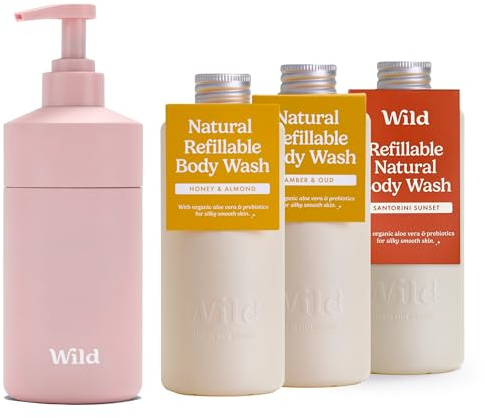 Wild Natural Refillable Body Wash Starter Kit - Rose Pink Aluminium Case & 3 Pack of Shower Gel Refills in a Variety of Scents - Includes Honey & Almond, Amber & Oud and Santorini Sunset Scents