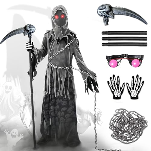 YGVQN Costume de Faucheur pour Enfants Halloween, Set Complet avec Robe, Capuche, Ceinture en Chaîne, Gants, Lunettes Lumineuses & Faux Faux Couteau – Pour Carnaval, Cosplay, Fête Thématique