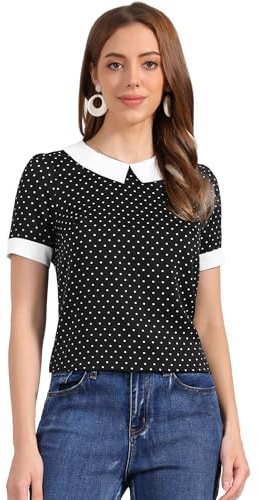 Allegra K Camicetta da donna, camicette a pois, top vintage con colletto alla Peter Pan, Nero e bianco, M