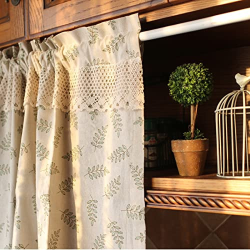 A.Monamour Cortina Cocina Ventana Puerta Corta Pequeña Beige Algodón Lino Verde Hoja Retro Rústico Cortijo País Opaco Bolsillo para Varilla Panel Cenefa Rustica Bistro para Dormitorio Café Baño