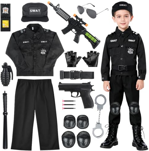 Fantspati Barn SWAT-kostym komplett set, 14 st polisagent, utklädnad med elektriskt ljud och ljuspistol, ID och tillbehör – rollspel, kostym för pojkar, flickor från 2–3 år, 100 cm