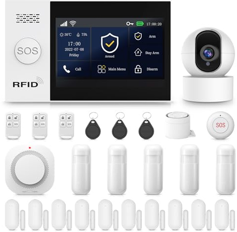 PGST Alarme Maison sans Fil Intelligent WiFi/GSM avec Caméra Surveillance Intérieure, Système d'alarme 4G, Compatible avec Alexa et Google Assistant