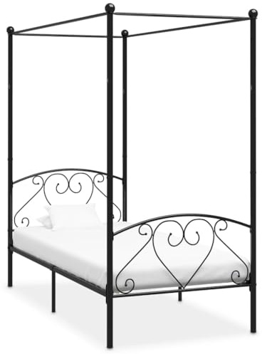 Teenpull Himmelssäng-ram, svart, metall, 90 x 200 cm, stabil sängram med ribbotten, elegant plattformssäng för sovrum, robust sängram med övre ram