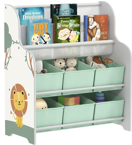 AIYAPLAY Scaffale Portagiochi 3+ Anni con 6 Cassetti in Tessuto e Libreria a 2 Livelli, Mobile Contenitore in MDF e Acciaio, 63x30x71 cm, Verde