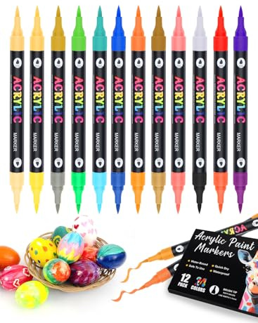 Acrylic Paint Markers, Acrylic Paint Pens with Brush Tip 12 Pack 24 Colours | Dual Tip Dual Colour | Multi-surface | Waterproof | Vibrant Colour |Strong Coverage | Art Pens for Wood, Canvas, Stone, Glass