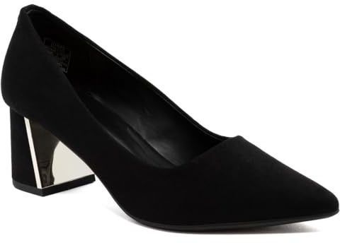 Jones New York Women’s Block Heel Dress Pumps – Vegan Leather Square Toe Slip-On Shoes with Buckle Strap – Comfortable Low Heel for Office or Formal Wear-Canal-Black Size 8