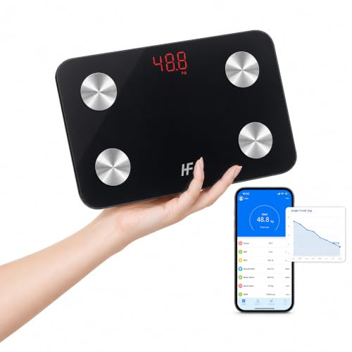 HFitness Portabel Personvåg för Resor, Digital Kroppsvåg med App för iOS och Android, 19 Kroppsvärden, Badrumsvåg för Kroppsvikt upp till 180 kg, 28 x 18 cm, Svart