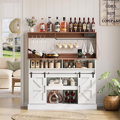 Ligterra Mobile Alto, Credenza, Armadio da Cucina, Vetrina, Lunga Bar per il Caffè con Portabicchieri e Prese Elettriche (2×AC, 2×USB), con Spazio di Archiviazione e Porte Scorrevoli, per Soggiorno