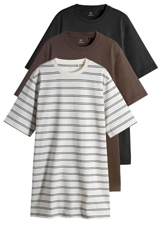 THE SET Donne Confezione da 3 Abiti t-Shirt a Maniche Corte in 100% Cotone Black/Chocolate Brown/Stripe M