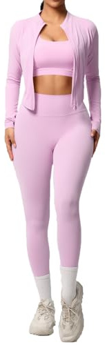 Générique Ensemble de Sport 3 Pièces pour Femme - Survêtement avec Veste de Sport - Tops Slim Fit à Manches Courtes et Yoga Pantalon Tenue Yoga Femme Vêtements de Sports pour Fitness, Yoga et Pilates