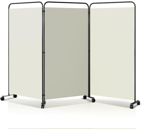 Yugodex Biombo separador de ambientes, plegable, independiente, con ruedas, protección visual, 3 piezas, 263 x 180 cm, separador de habitaciones independiente para oficina o dormitorio, color beige