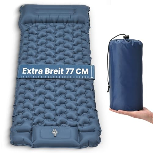 Colchoneta Hinchable de Camping Ultraligera y Extraancha (Tamaño XXL), Colchoneta Aislante con Almohada Integrada y Bomba de Pie, 197x80x10 cm, TPU 40D, Portátil para Exterior y Tienda (Azul Oscuro)