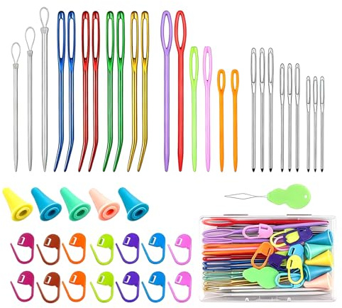 Reicyfang 46Pcs Large Eye Sewing Needles Set, Yarn Knitting Needles Tapestry Needle Big Eye Darning Needle with Straight and Bent Curved Tip, Knitting Accessories for Quilting Crochet Embroidery