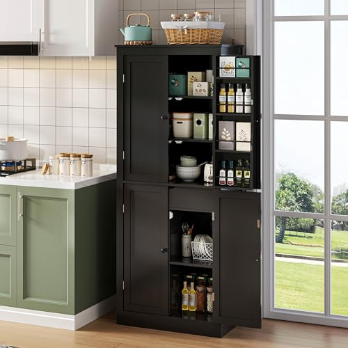 VIEKOS Armadio da cucina, mobile alto multifunzionale, credenza con due ante da scaffale, scomparti portaoggetti e cassetto interno, 182 × 40 × 75, adatto per cucina, sala da pranzo e soggiorno.