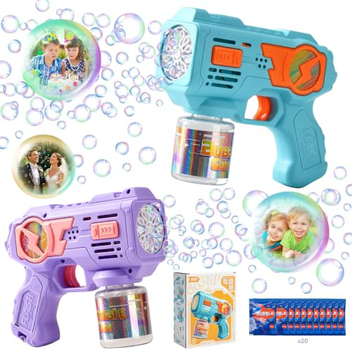 LTFIOON Set da 2 Pistole a Bolle per Bambini, Pistola a Bolle Automatica con Luci LED e 20 Bustine di Concentrato (10 ml), Macchina Bolle di Sapone Elettrica per Esterno, Compleanno e Feste