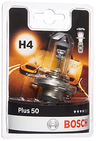 Bosch H4 Plus 50 Ampoule de Phare Halogène, 12 V 60/55 W, Faisceau Lumineux 50% plus Long - Culot P43t - 1 Ampoule de Rechange