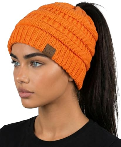 Funky Junque Ponytail Beanie for Women – Ponyback Winter Hat with Soft Stretch Cable Knit, High Pony Messy Bun Hats for Running and Cold Weather Activities - Neon Orange
