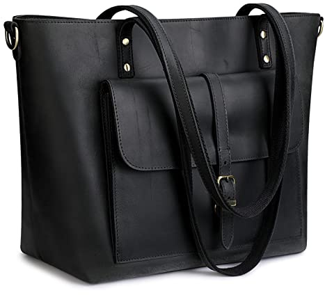 S-ZONE Women Vintage Genuine Leather Tote Bag Large Shoulder Purse Work Handbag (Black)