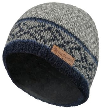 Pachamama män ullmössa dödskalle hatt fleece fodrad handstickad marinblå Fairisle en storlek handgjord skalle keps extra varm Fair Trade, Marinblå, grå, denim, L/one size