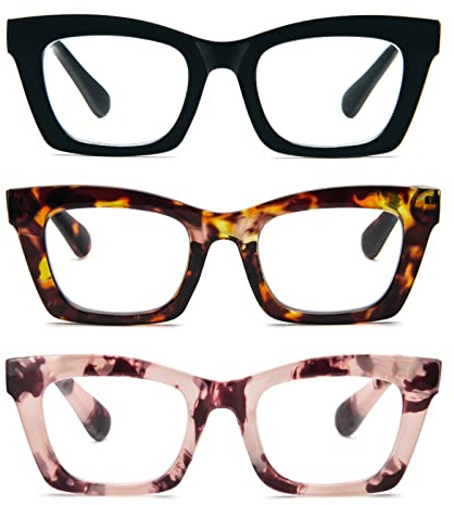 KoKoBin 3 packs lunettes de lecture anti-lumière bleue,Femmes Poids léger Branches a Ressort informatique Lunettes Loupe，Lunettes de Vue carré style Fashion 3.5