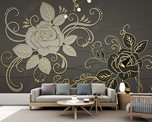 Papel Pintado Flor De Rosa De Dibujo De Línea En Relieve De Oro Mural No Tejido Sala De Estar Dormitorio Papel Tapiz Decoración De Pared 150Cm(W)*105Cm(H)