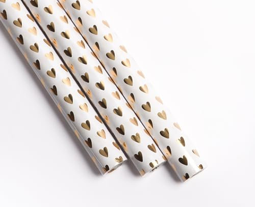 KC Shop Germany, 3x Geschenkpapier, BIG ROLLS Rollen, 70x300cm, gold, schick, Hochzeit, schön, edel, Herzen, Baby, groß, Kind, Frau, Mann (Goldene Herzen)