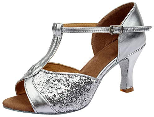 Damen Latein Tanzschuhe Mit Pailletten Party Hochzeit Hackenschuhe Elegant Pumps Sandaletten Geschlossene Ballsaal High Heels Absatzschuhe T-Riemen Fesselriemen Businessschuhe Arbeitsschuhe