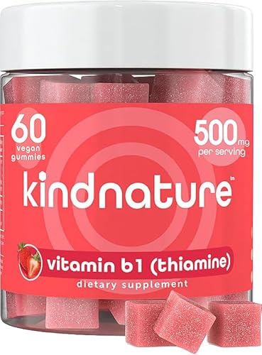 kindnature Vitamin B1 Gummies 500mg – High Potency Thiamine Supplement for Energy, Focus & Nervous System – Vegan, Non-GMO Chewable B1 Vitamins for Adults & Kids – Natural Strawberry Flavor – 60 Ct
