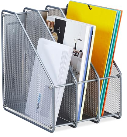 Relaxdays Stehsammler, A4, 3 Fächer, Mesh-Design, HBT: 31,5x24x29 cm, Büro & Home-Office, Stehordner, Metall, Silber